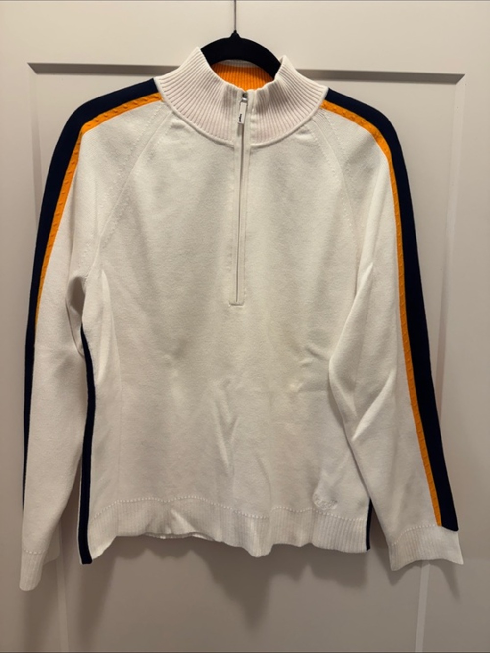 Lizgolf White 1/4 Zip Sweater with Navy and Gold Stripe. XL. Like New!!🔥